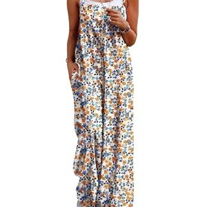 Blue and Orange Floral Wide-Leg Jumpsuit with Strapless Bodice